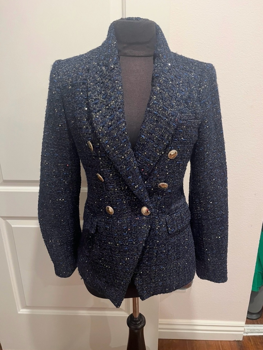 NWT House of Harlow 1960 Navy Tweed Double-Breasted Blazer with Gold Buttons